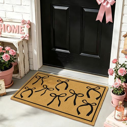 Coir Mats Welcome Mat Front Door Black Bow Rug for Outdoor Entrance 17"x30" - color: Coir Black Bowtie