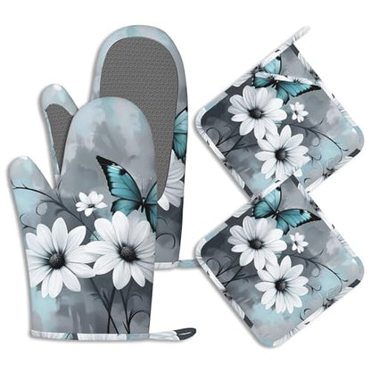 Turquoise Daisy Butterfly Oven Mitts and Pot Holders Sets of 4 Farm Floral Heat Resistant Silicone Oven Mits Gloves Non-Slip Kitchen Mittens Potholders for Cooking Baking Grilling BBQ - color: Turquoise Daisy Butterfly,farm Floral
