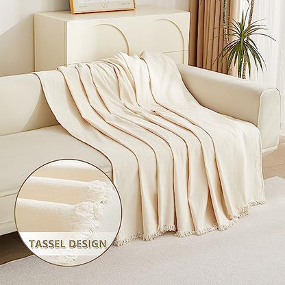 MYSKY HOME Beige Couch Covers Boho Style Chenille for 2 Cushion L-Shape Washable Couch Blanket with Tassel Pet Cushion Cover, 71" X102 - color: Tassels Edge-beige, size: 71" x 102"
