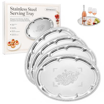 4 Pack Silver Serving Trays Set, Serving Trays for Party | Floral Pattern Engraved Mirror Tray, Tableware Platters for Whiskey, Cookies,Snacks, Desserts, Party Food Display
