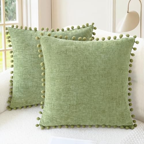 CaliTime Decorative Couch Throw Pillow Covers 16 X 16 Inches Sage | Pack of 2, Cozy Chenille Cushion Cases, with Pom Poms for Sofa Bed Living Room Farmhouse Home - color: Sage, size: 16" x 16" (Pack of 2)