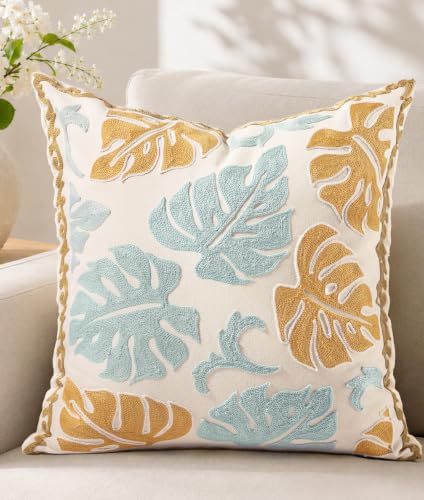 Embroidered Floral Throw Pillow Cover 18x18 Inch, Bicolor Monstera | Decorative Pillow Cover, Botanical Farmhouse Cushion Case with Hidden Zipper, Modern Decor for Couch, Sofa, Living Room, Bed - color: Bi-color Monstera