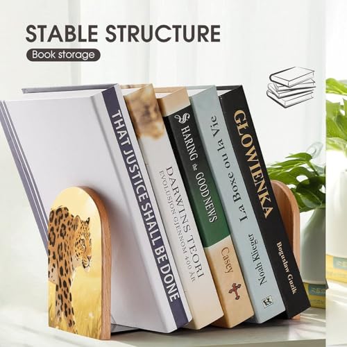 Personalized Wood Book Ends Metal Base Golden Leopard Illustration Printing Bookend Modern Heavy Duty Bookends for Home Or Office 1 Pair - color: Golden Leopard Illustration
