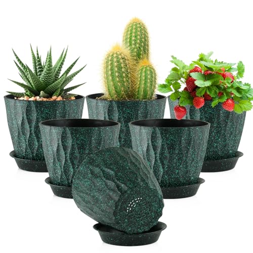 Meowell 5 inch Plant Pots for Indoor Outdoor Plants, 6 Pack Thick Nursery Pots with Drainage Holes and Saucers, 3D Modern Wave Texture Small Plastic Planter Flower Pots, Black with Green Speckles - color: Black With Green Speckles, size: 5'' 6pcs