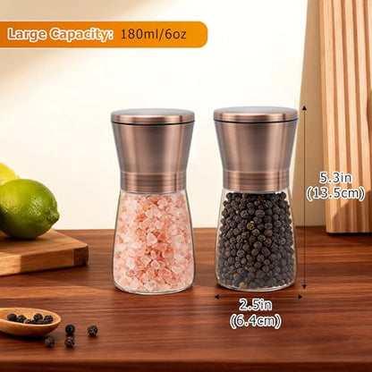 R DRURLCD Short Copper Salt and Pepper Grinder Set of 2, Manual Adjustable Coarseness with Ceramic Blades - Stainless Steel Refillable Mills, Bonus Silicone Funnel - color: Copper, size: 2PK