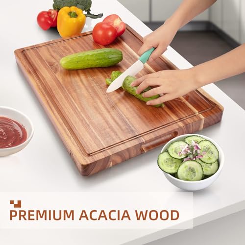 GAOMON Acacia Extra Large Wood Cutting Board, 1.5 Inches Thick Butcher Block, Reversible Wooden Kitchen Block, Cheese Charcuterie Board, with Side Handles and Juice Grooves, 20 x 15 Inch - size: 20.4"L x 15.6"W