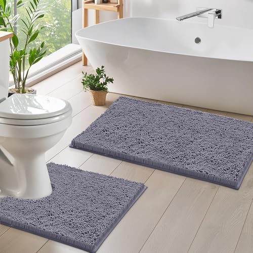LuxUrux Bathroom Rugs Sets 2 Piece, Bathroom Rug Set, Soft Absorbent Chenille Bath Mat & Contour Toilet Rug, Non Slip, Quick Dry, Machine Washable Shaggy Bathroom Mats (Gray, 20"x30"+20"x20" U-Shaped) - color: Dark Grey, size: 2 Piece Set