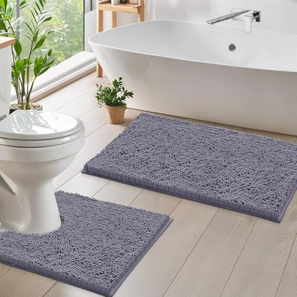 LuxUrux Bathroom Rugs Sets 2 Piece, Bathroom Rug Set, Soft Absorbent Chenille Bath Mat & Contour Toilet Rug, Non Slip, Quick Dry, Machine Washable Shaggy Bathroom Mats (Gray, 20"x30"+20"x20" U-Shaped) - color: Dark Grey, size: 2 Piece Set