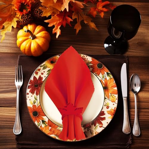 Whaline Fall Thanksgiving Napkin Rings Set of 20, 10 Pcs Wooden Maple Leaf Napkin Ring Holders with 10 Pcs Fall Cloth Napkins for Thanksgiving Table Decorations, Fall Banquet, Holiday Dinner Party