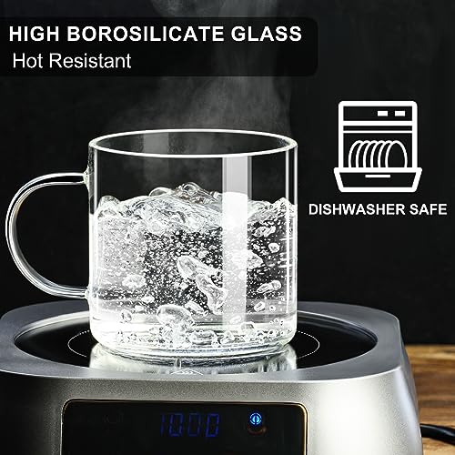 PARACITY Glass Mug Set of 2, 14.2 fl oz Clear Coffee Cups with Handles | Borosilicate bodies have wide mouths, grips and raised bases for latte, cappuccino, tea, hot drinks or water - size: 14.2 Ounces