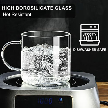 PARACITY Glass Mug Set of 2, 14.2 fl oz Clear Coffee Cups with Handles | Borosilicate bodies have wide mouths, grips and raised bases for latte, cappuccino, tea, hot drinks or water - size: 14.2 Ounces