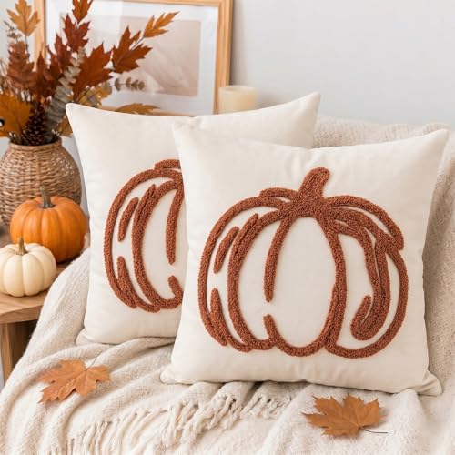 Caramel Orange Fall Pillow Covers 18x18 Inches Set of 2, Tufted Outline Pumpkin Throw Pillow Covers, Modern Luxury Embroidered Thanksgiving Decorative Pillows for Couch Sofa Decor - color: Caramel Orange, size: 18" x 18" (Pack of 2)