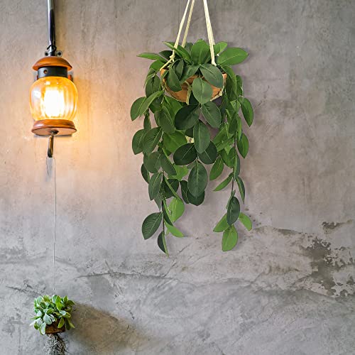 Hanging Plants Artificial Decor, Fake Hanging Plant in Clay Pot Artificial Hanging Plants with Fake Leaves and Hook for Wall Home Room Indoor Outdoor Décor (Dark Green)
