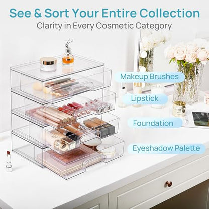 Vtopmart Clear Stackable Storage Drawers, 4 Pack Wide Plastic Organizers | Clear Pull-Out Plastic Drawers, Stackable Design for Makeup Palettes, Cosmetics, Beauty Supplies, Vanity, Cabinet and Desk - style: 4pack Wide