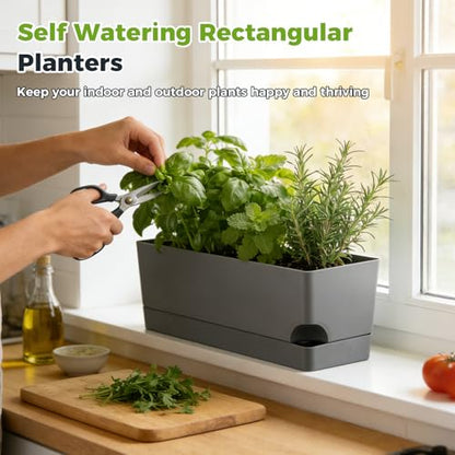2 Pack Rectangle Self Watering Pots for Indoor Plants 17 Inches Window Boxes Planters Rectangular Flower Pots Herb Large Plant Pots with Drainage Holes and Saucers Windowsill Planter, Grey - color: Gray