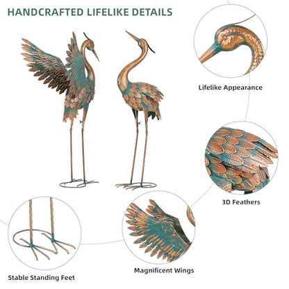 36.8" Metal Crane Garden Statue, Extra-Large Heron Yard Art | Handcrafted Blue Heron with U-ground Stakes for Stability. Weatherproof Iron Bird Art for Backyard, Lawn, Pond, or Patio. - color: 36" -Weathered Copper Blue