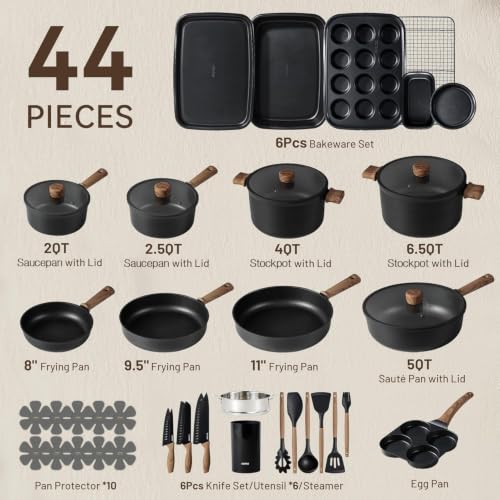 CAROTE 44pcs Pots and Pans, Nonstick Cookware Set with Bakeware | Induction Kitchen Cooking Set, Durable, Easy Food Release, Even Heating, with Knife Set - color: Black, size: 44 PCS