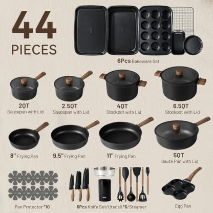 CAROTE 44pcs Pots and Pans, Nonstick Cookware Set with Bakeware | Induction Kitchen Cooking Set, Durable, Easy Food Release, Even Heating, with Knife Set - color: Black, size: 44 PCS
