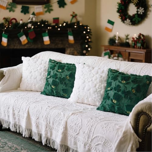 Tiamon 4 Pcs St. Patrick's Day Throw Pillow Covers 18 x 18 Inch 3D Embroidered Plush Green Shamrock Pillow Cases Lucky Clover Fluffy Faux Fur Cushion Covers for Spring Holiday Home Bed Sofa Couch - style: St. Patrick's Day