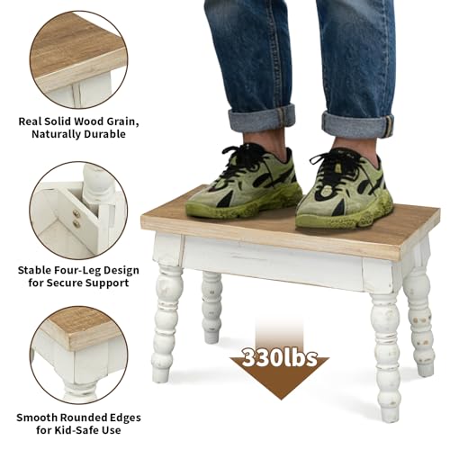 Farmhouse Solid Wood Plant Stand Indoor, Rectangular Wooden Plant Stool & Flower Pot Riser for Small Medium Pots, Rustic Tabletop Succulent Holder for Living Room, Patio Decor
