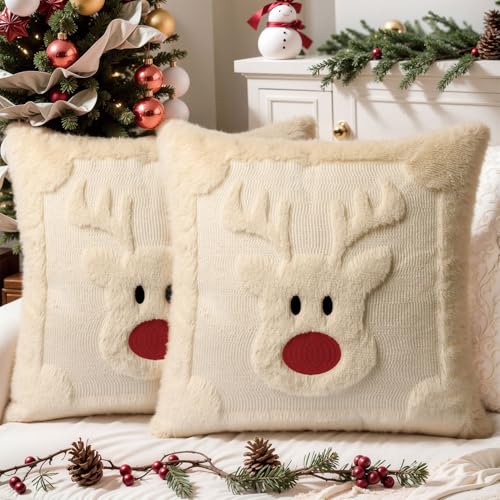 Faux Fur Christmas Pillow Covers 16x16 Set of 2 | Cute Raindeer Beige Soft Plush Farmhouse Decorative Cushion Case for Couch Christmas Home Decor - color: Cute Reindeer, size: 16" x 16" (Pack of 2)