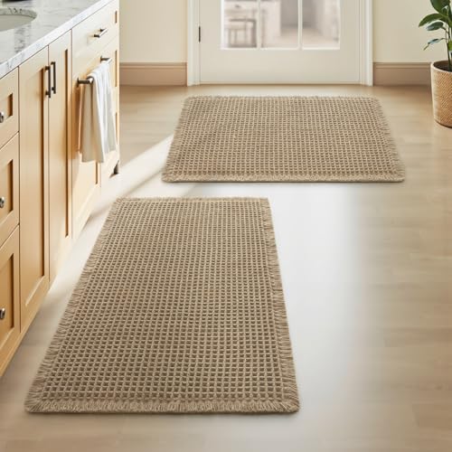 Upgraded Waffle Bath Mats Set of 2, Super Absorbent Non Slip Bath Mats for Bathroom Floor, Washable Boho Bathroom Rugs Set 2 Piece with Tassels, Soft Bathroom Mat Set, 18" x 30" (2 Pack), Brown - color: Brown, size: 18" x 30" ( 2 PCS )
