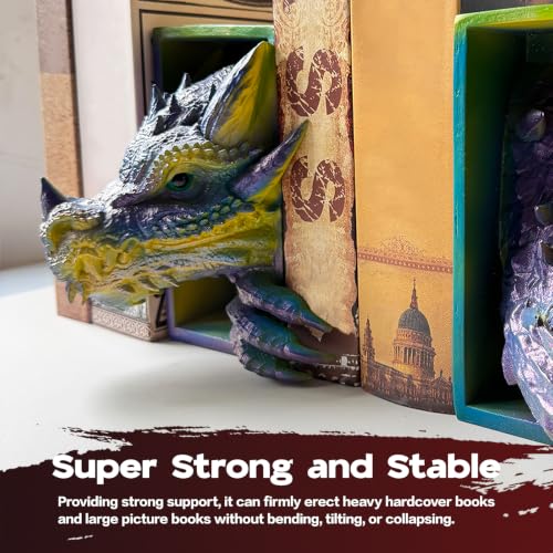 Dragon Bookends Ornaments, Gothic Fantasy Bookends, Book Lovers Unique Resin Shelf Holder Set, Functional Resin Animal Statue Sculpture Book Holder for Home Office Bookshelf（Gold） - color: A