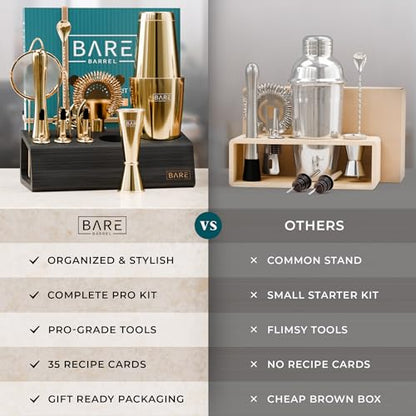 BARE BARREL® Mixology Bartender Kit Bar Set | 14-Piece Cocktail Shaker Set | Martini Barware Mixing Tools for Home Bartending | Incl. 35 Recipe Cards | Gift Set (28oz Boston Shaker, Gold/Black) - color: Gold/Black