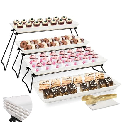 KAQAHIDO Extra Large 4 Tier Serving Tray Set, 34x22x10 inch Wave Edge Melamine Dessert Table Display Set, Tiered Trays Stand for Party Buffet Entertaining, Black and White - color: Black