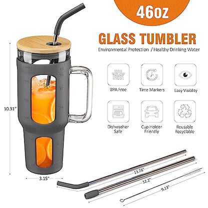 WINSA Glass Tumbler with Lid and Straw, Grey, 46 oz | Iced Coffee Cup with Handle, Large Water Bottle with Silicone Sleeve, Pearl Straw & Drinking Straw, BPA Free - color: Gray, size: 46 Ounces