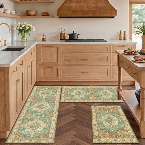 3 Piece Kitchen Rugs Sets with Runner, Washable Non Slip Soft Boho Kitchen Mats, Low Pile Stain Resistant Carpet for Hallway, Laundry Room, Entryway(20"x32"+20"x48"+20"x59", Brick Brown Green) - color: Brick Brown Green