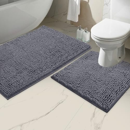 LuxUrux Bathroom Rugs Sets 2 Piece, Bathroom Rug Set, Soft Absorbent Chenille Bath Mat & Contour Toilet Rug, Non Slip, Quick Dry, Machine Washable Shaggy Bathroom Mats (Gray, 20"x30"+20"x20" U-Shaped) - color: Dark Grey, size: 2 Piece Set