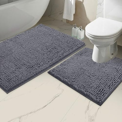 LuxUrux Bathroom Rugs Sets 2 Piece, Bathroom Rug Set, Soft Absorbent Chenille Bath Mat & Contour Toilet Rug, Non Slip, Quick Dry, Machine Washable Shaggy Bathroom Mats (Gray, 20"x30"+20"x20" U-Shaped) - color: Dark Grey, size: 2 Piece Set