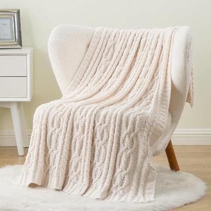 Battilo Cream White Ivory Throw Blanket for Couch, 51x 67 Inch, Woven Chenille Knit Throw Blanket for Chair, Super Soft Warm Decorative Textured Throw Blanket for Bed, Sofa and Living Room. | White Throw Blanket, Ivory Knit Blanket, Soft Woven Chenille Kn