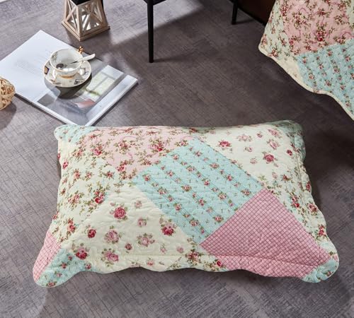 Brilliant Sunshine Pink & Green Roses Pillowshams Set, 20"x26"+2" | Patchwork Design, Quilted Standard Pillowcases, Washable Scallop Edge Pillow Covers, Pack of 2 - color: Pink Green, size: 20 x 26 inches