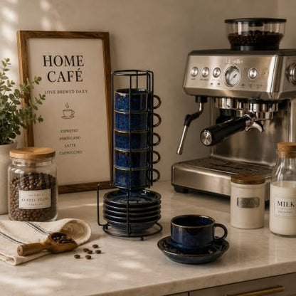 JIEMEI HOME Porcelain Stackable Espresso Cups with Saucers and Metal Stand,4 Ounce Demitasse Cups for Coffee Drinks, Latte, Tea - Set of 6, Stackable Espresso Mugs, Reactive Glaze, Bule - color: Reactive Glaze Blue