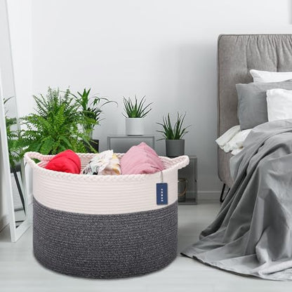 COMSE XXXLarge Woven Blanket & Laundry Basket, 87L, White & Black | 21.7" x 13.8", Cotton Rope, Nursery Hamper for Storage of Toys Clothes Towels, Ideal for Living Room Bedroom Bathroom - color: White & Black