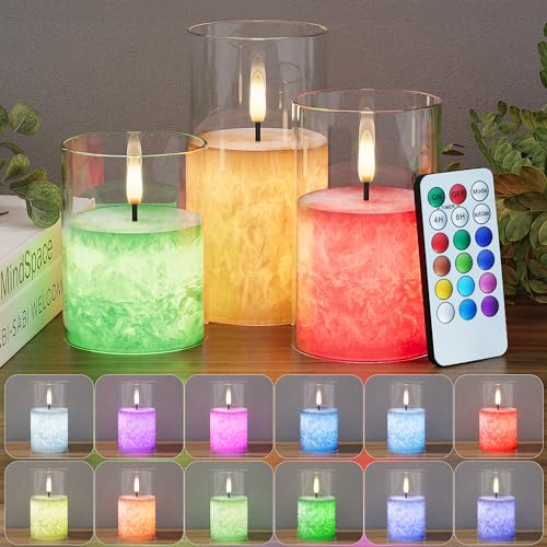 Battery Operated Flameless Candles with Remote & Timer, 12Color Glass 3Pack | Real Wax Crystal Texture, D3×H4/5/6", 2/4/6/8H Timer, Dimming, Flickering Realistic LED Candles for Wedding Table Decor - color: Multicolor