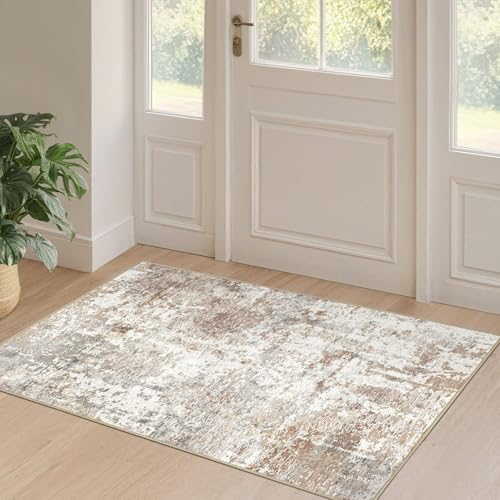 LOONGRUG Runner Rug 2x4 Machine Washable Non-Slip Neutral Modern Rugs | Abstract Soft Stain Resistant Indoor Accent Throw Small Carpet for Entryway Bathroom Bedroom- Brown - color: Abstract Grey Brown, size: 2' x 4' (Runner)