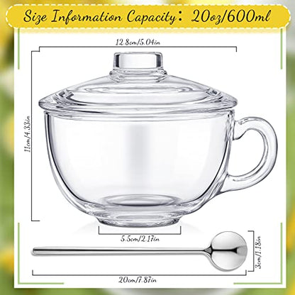 Didaey Set of 4 Glass Cereal Bowls Microwave Safe Glass Soup Bowls with Handle and Spoon Clear Oatmeal Glassware Mixing Ramen Pot Coffee Mugs with Lids Milk Breakfast Mug for Yogurt 20 Oz/ 600 ml