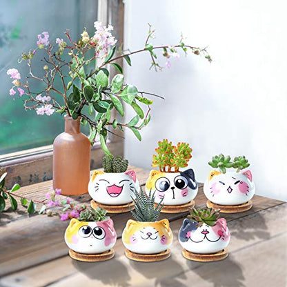 3.6Inch Cat Pot for Plant, Cat Planter Succulent Pot with Drainage Set of 6 | Tiny Animal Planter, Small Ceramic Air Plant Cat Flower Pots, Cactus Planters Containers with Bamboo Tray - color: Sitting Cats 6pcs