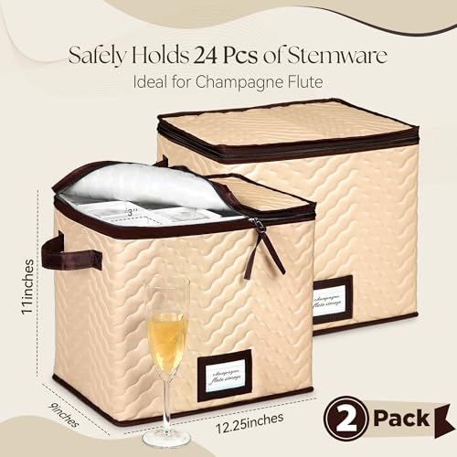 Wine Glass Storage Box with Dividers, Holds 12 Champagne Flute 3" Wide | 2 Pack, Stemware Storage Case, Protects Fine China, Durable Quilted Microfiber, Carry Handles, Ideal for Champagne Flute - size: Champagne Flute, style: 2 Pack
