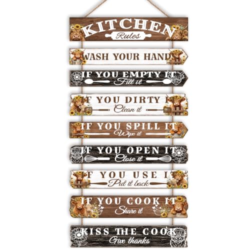 Kitchen Wall Decor Funny Kitchen Signs Kitchen Rules Pictures Wall Art Decor Rustic Farmhouse Western Kitchen Decor Wooden Sign (Highland Cow) - color: Highland Cow
