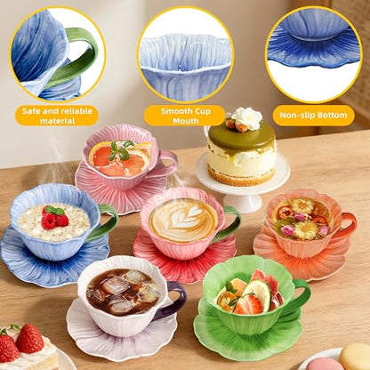 10 oz Tea Cups and Saucers, Ceramic Flower-shaped Cappuccino Cup, Latte Cup and Saucer set, elegant floral Espresso Cup set, Suitable for microwave and dishwasher-Green - color: Green
