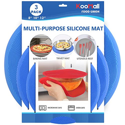 KooMall 12 10 8 Inch Multi-use Microwave Mat, Trivet, Pot Holders, Drying, Baking, Place Mat, Utensils Rest, Silicone Cover Pad for Hot Pot Pans Bowls Plates Dishes Kitchen Counter,Heat Resistant,Blue - color: 12+10+8 Blue