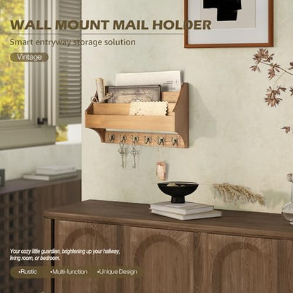 Rebee Vision Mail Organizer Wall Mounted with 6 Hooks for Entryway, Yellow | Pine Wood, Key Holder Wall Mount, 3-Tier Mail Holder, Sturdy Key Hooks, key Hanger, Home Office, Apartment Rustic Aesthetic - color: Yellow
