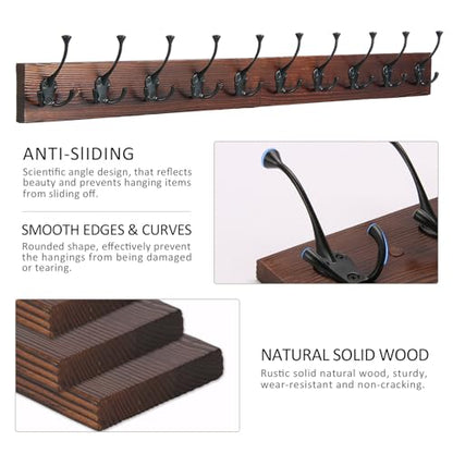 IBosins Brown Wood Wall Mounted Coat Rack, 34" Long with 10 Black Tri-Hooks | Burnt Finish Heavy Duty Wood Coat Hanger, Rustic Coat Hooks Rail for Entryway, Living Room, Coat, Scarf, Bag, Towel, Hat - color: Brown Wood Plate & Black Tri-Hook, size: 1 Item