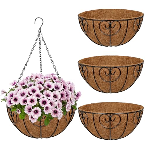12 inch Metal Hanging Baskets for Plants Outdoor, 4 Pack Metal Wire Hanging Basket Planter with Coco Liner Flower Pots for Indoor Outdoor Garden Porch Patio, Heart-Shaped - size: 12" x 4 Pack, style: Heart