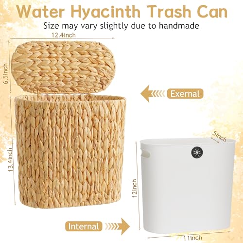 iEGrow 3 Gallon Wicker Trash Can, Bathroom Trash Can with Lid, Narrow Natural Water Hyacinth Waste Basket with Removable Liner, Boho Garbage Can for Bedroom, Office, Small Spaces Living Room, Toilet - color: Brown, size: Oval