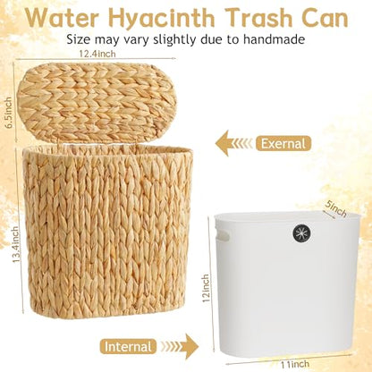iEGrow 3 Gallon Wicker Trash Can, Bathroom Trash Can with Lid, Narrow Natural Water Hyacinth Waste Basket with Removable Liner, Boho Garbage Can for Bedroom, Office, Small Spaces Living Room, Toilet - color: Brown, size: Oval